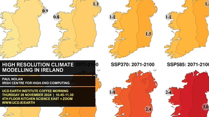 Illustrative poster for UCD Earth Institute's coffee morning research talk on High-Resolution Climate Modelling in Ireland by Paul Nolan, Irish Centre for High-End Computing, 28 November 2024.