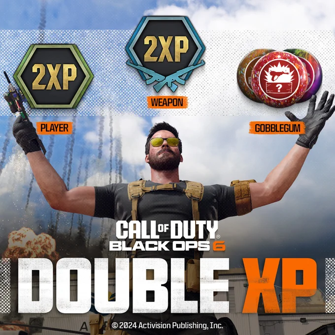 Image showcasing operator with text that reads Double XP, 2XP Player, 2XP Weapon, 2x GobbleGum.