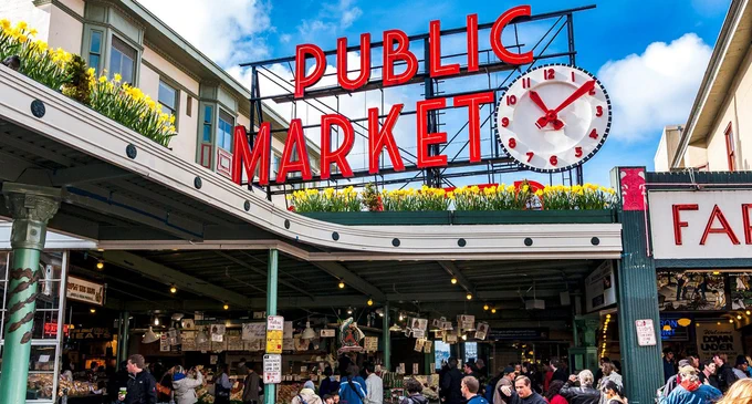 Entrance to Pike Place Market in Seattle, Washington. 