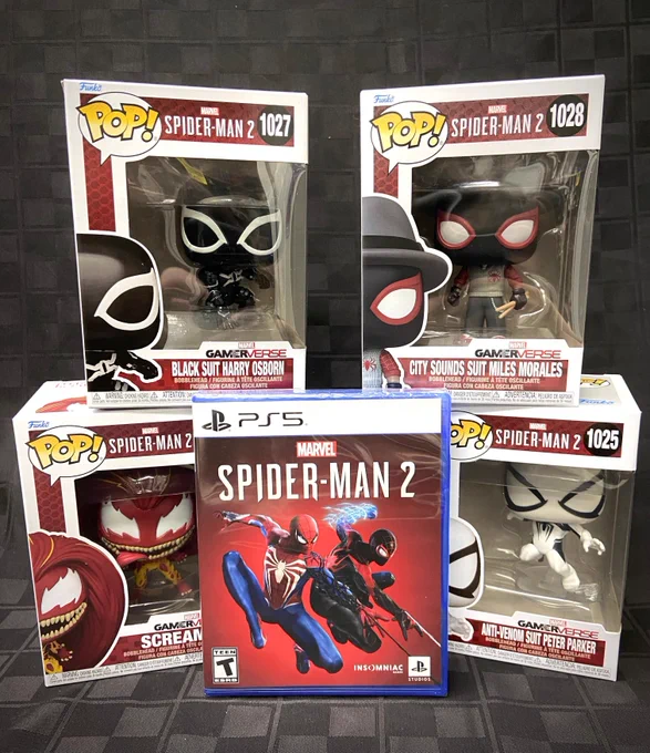 Image of Spider-Man 2 on PS5, and Spider-Man themed Funko POP! Figures.