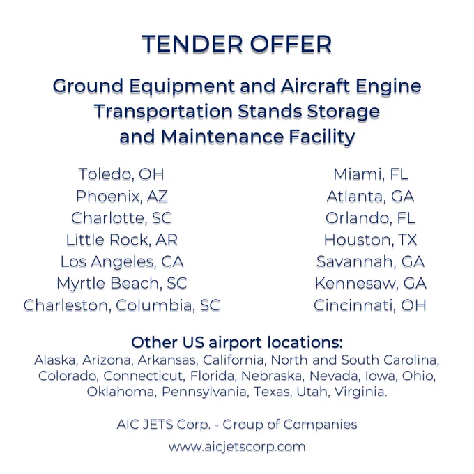 Invitation To Bid For Services

Ground Support Equipment and Aircraft Engine Transportation Stands Storage and Maintenance Facility.

Secured with fence and CCTV hangar space for storage of airport GSE (vehicles and equipment), storage and maintenance of aircraft engine transportation stands.

Registration of suppliers and contractors is open now.

Registration of Suppliers and Contractors:
Bidders shall submit the completed Offer.

Advanced Registration of Suppliers and Contractors is available.

Please visit page "Tender Offers" to stay informed about current and future tender offers.

#AICJETSCorp #aircraftengine #mroservices #groundequipment #enginestand #aircraftmaintenance #linemaintenance #airlines #flywithus #groundsupport #aircraftdelivery #aircraftdealer #aircraftbroker #cfm56 #cfmleap #prattandwhitney #pw4000 #rollsroycetrent #airport #civilaviation #commercialaviation #businessaviation #aircraft #corporatejets #aviationworld #corporateaviation