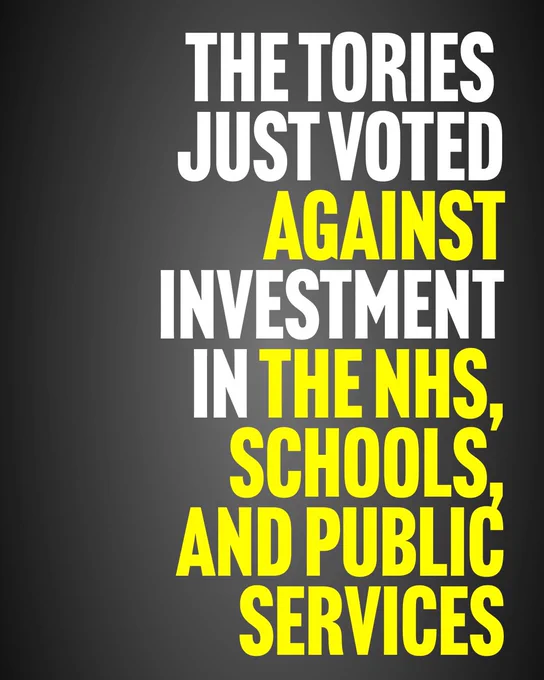 Graphic with copy: The Tories just voted against investment in the NHS, schools, and public services