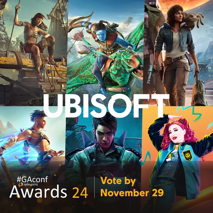 Image description: A grid of images of Skull & Bones, Avatar: Frontiers of Pandora, Star Wars Outlaws, Prince of Persia: The Lost Crown, Rainbox Six Siege and Just Dance 2025.
Text in image: Ubisoft. GAConf Awards 24 | Vote by November 29