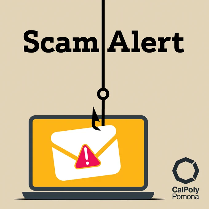 Fishing hook snags an envelope from a laptop, text reads, Scam Alert