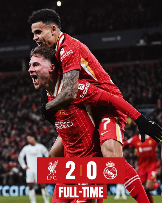 Full-time graphic for Liverpool vs Real Madrid.

The final score is Liverpool 2-0 Real Madrid.