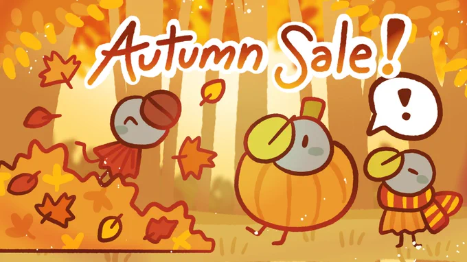 A very orange autumn festive image featuring a Coffee Minion playing in leaves next to a pumpkin-dressed Tea Minion and a smaller Tea Minion in a scarf. The pumpkin-dressed Tea Minion is surprised. The text at the top of the banner image says "Autumn Sale!"