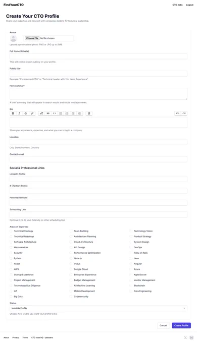 Screenshot of a form for CTO's to post their profile on findyourcto.com