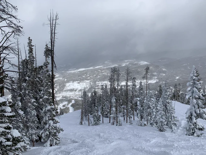 A snowy day in the mountains looking out over a ski run with Fraser Valley in the background