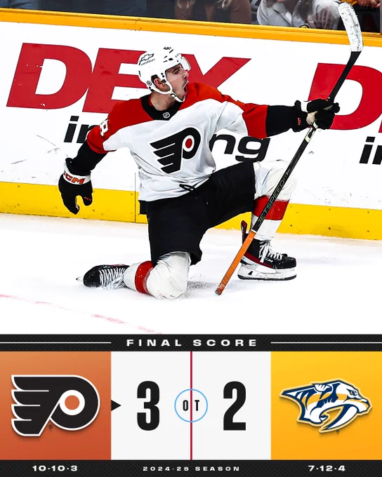 Final score: Flyers defeat Predators 3-2 in overtime. 