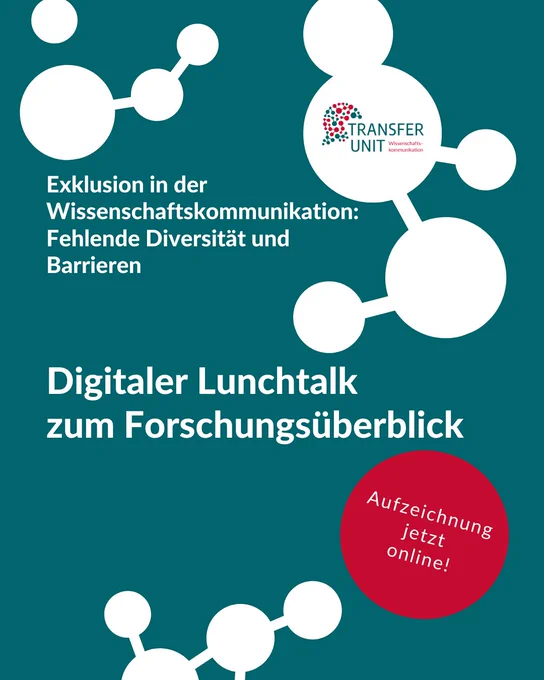 Grüner Hintergrund mit weißen Formen, Logo Transfer Unit, Text: "Digitaler Lunchtalk zum Forschungsüberblick. Exklusion in der Wissenschaftskommunikation: Fehlende Diversität und Barrieren. Aufzeichnung jetzt online!"