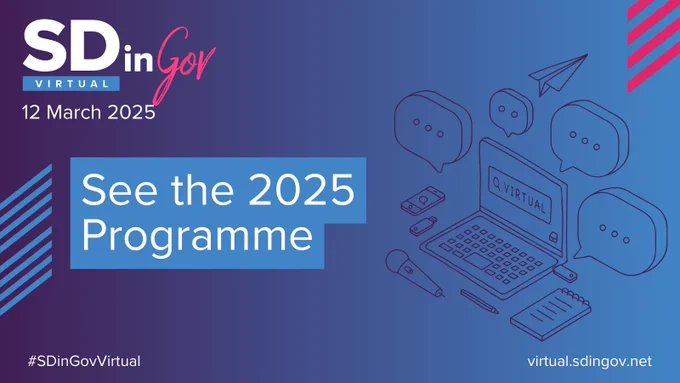 Promotional image for SD in Gov Virtual conference on 12 March 2025 featuring a graphic of a computer setup with various virtual meeting icons and the text 'See the 2025 Programme.' Visit virtual.sdingov.net for more details.