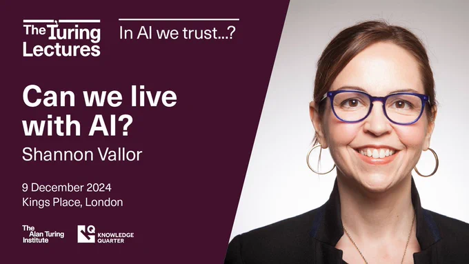 Promotional banner for The Turing Lectures titled "Can we live with AI?" featuring speaker Shannon Vallor at Kings Place, London. The image shows the smiling speaker with the text displayed next to the logos of The Alan Turing Institute and Knowledge Quarter.