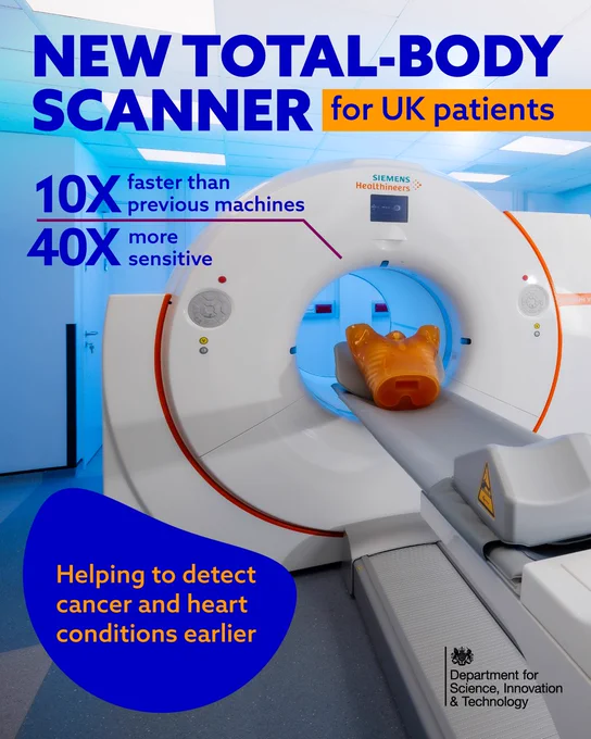 Total-body scanner at Guy's and St Thomas' NHS Trust, with text reading "New total-body scanner for UK patients. 10x faster than previous machines, 40x more sensitive."