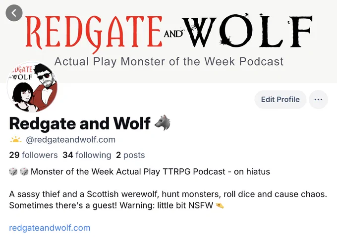 Screenshot of Redgate and Wolf's bluesky profile: @redgateandwolf.com