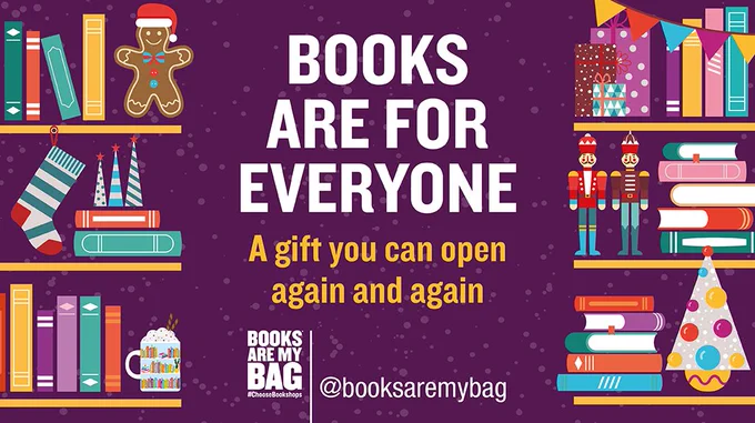 Purple social media asset with a Christmas design.

The text says: Books Are For Everyone: A gift you can open again and again in white. 