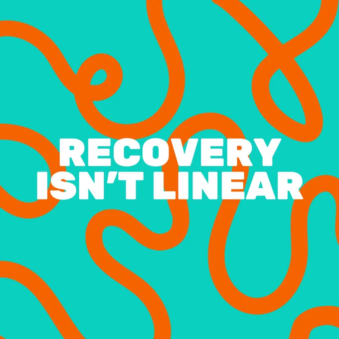 Teal background with orange squiggly lines swirling across and over the page. Text over the top reads 'recovery isn't linear'.