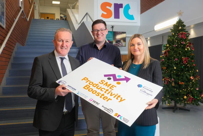 Economy Minister Conor Murphy pictured at the launch of the SME Productivity Booster at Southern Regional College’s Newry campus with James O’Neill of Rathbanna Ltd and Lee Campbell, Principal and Chief Executive of Southern Regional College.