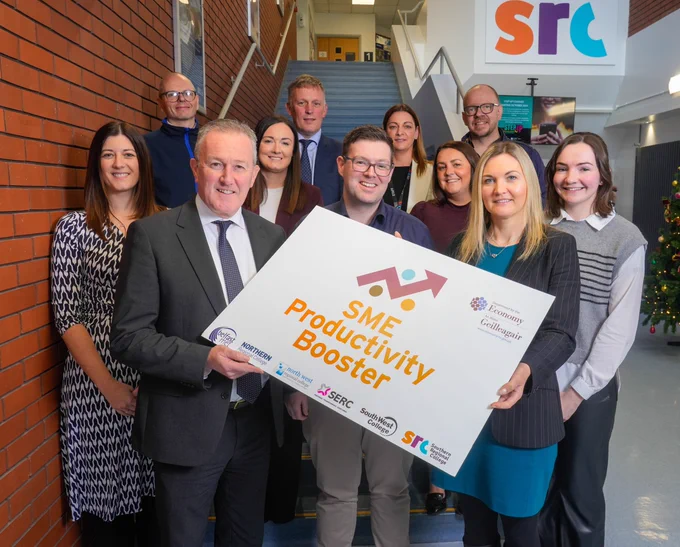 Economy Minister Conor Murphy is pictured at the launch of the SME Productivity Booster at Southern Regional College’s Newry campus with representatives of the six FE colleges and local SMEs that accessed support during the pilot phase:
(front) James O’Neill of Rathbanna Ltd and Lee Campbell, Principal and Chief Executive of Southern Regional College;
(middle) Rachel Burns, Belfast Met; Nicole Quinn, South West College; Emma Finney, South Eastern Regional College; and Niamh Downey, Downey’s Butchers, Newry;
(back) Fergal Tuffy, North West Regional College; Alan Reid, Northern Regional College; Tracy Rice, Southern Regional College; and Paul McGuckin, BESPRA Ltd, Ballymena.