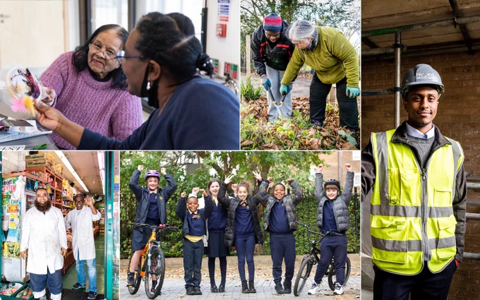 A montage of pictures showing Islington's diverse community, including construction workers, gardeners, school children and shop staff. 