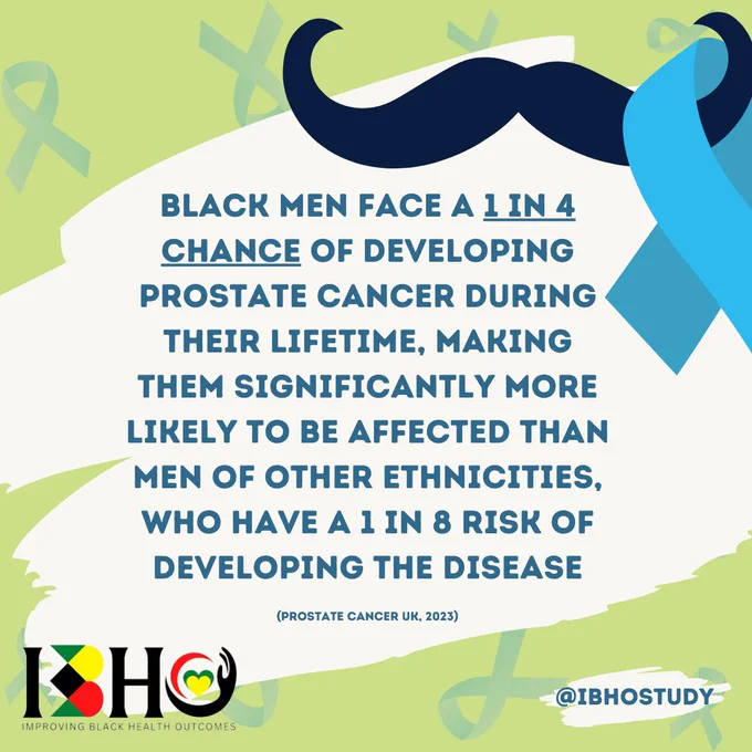 Light green background with light blue ribbons. Graphic of a moustache with a blue ribbon in the top right corner and IBHO logo in the bottom left corner. Blue text, "Black men face a 1 in 4 chance of developing prostate cancer during their lifetime, making them significantly more likely to be affected than men of other ethnicities, who have a 1 in 8 risk of developing the disease (Prostate Cancer UK, 2023)" in a white text box in the centre. Blue text, "@IBHOstudy", in a white text box in the bottom right corner. 