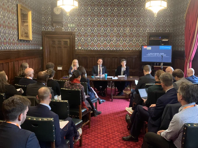 Image of the audience and panel. L-R, Dr Roz Savage MP, Tris Osborne MP, Mary Creagh CBE MP. 