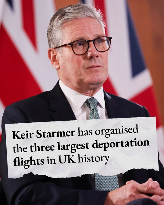 Graphic with picture of Keir Starmer and the text: Keir Starmer has organised the three largest deportation flights in UK history