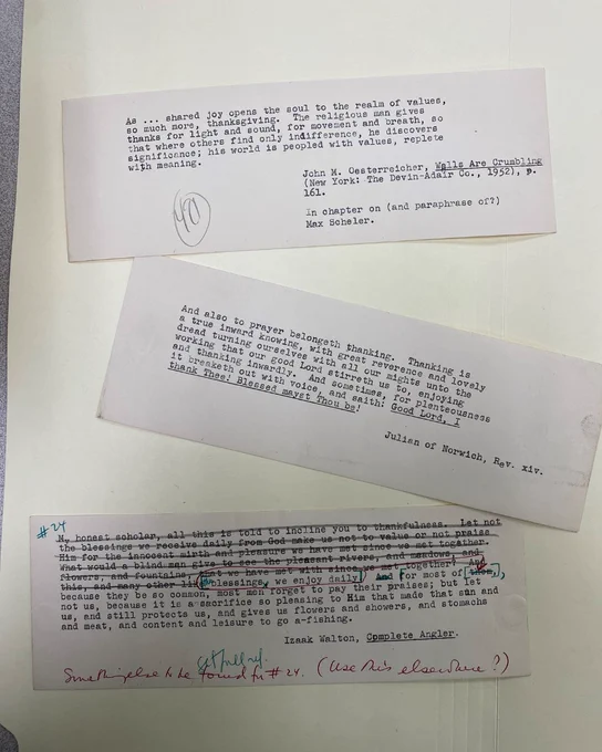 Image of three paper strips with handwritten and typed notes, including instructions, reflections on societal norms, and a quote attributed to Justice Louis Brandeis.