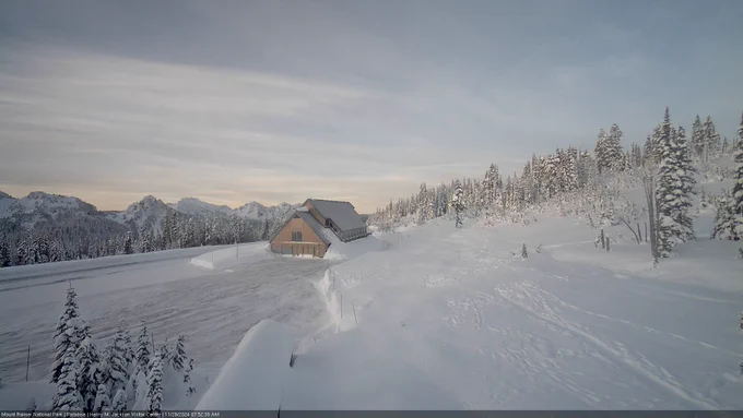 View of Paradise along Mt. Rainier with snow on the ground. 