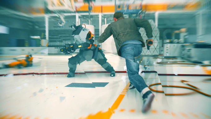 Quantum Break. Jack Joyce running towards an enemy, with time fracturing around him.