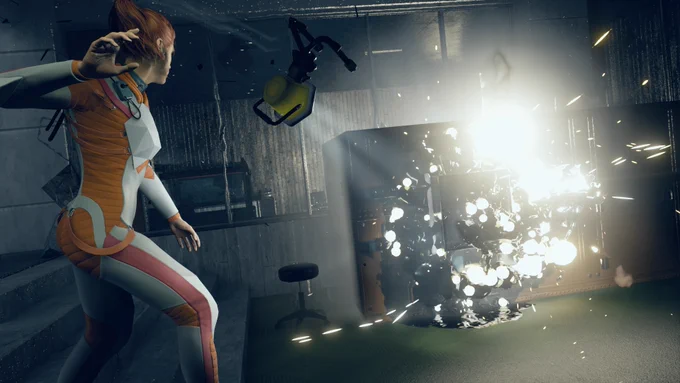 Control: Ultimate Edition. Jesse Faden levitating a light to clear away a barrier of darkness.