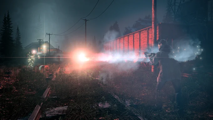 Alan Wake. Alan Wake shooting a flare gun at Taken.