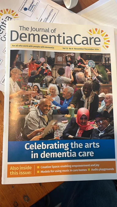 Front page of the journal of dementia care - a collage of pictures of people smiling, dancing, making art together.