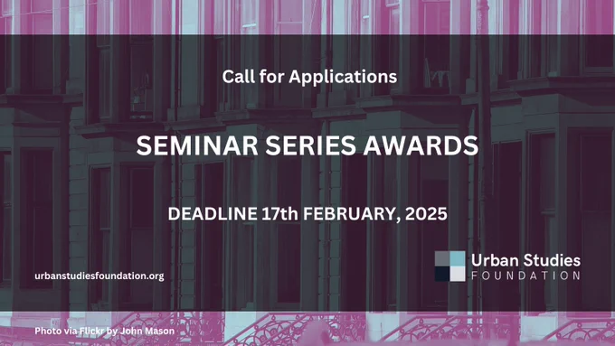 Image description: Flyer with USF logo for the Call for Application "Seminar Series Awards" 2025. On a photo of Glasgow via Flickr by John Mason