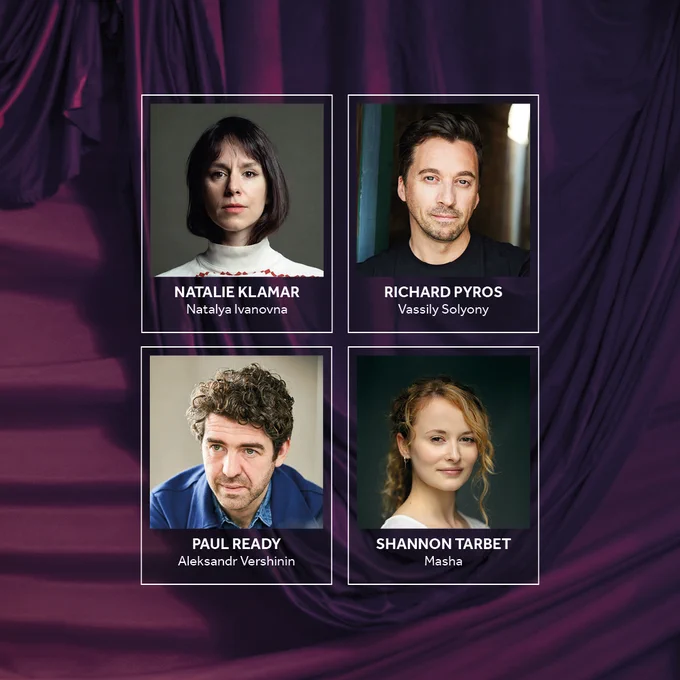 A dramatic, purple lavish curtain background, with pleats. Headshots of the company looking into camera, split across two rows. Row one: Natalie Klamar (Natalya Ivanovna) and Richard Pyros (Vassily Solyony). Paul Ready (Aleksandr Vershinin) and Shannon Tarbet (Masha). 