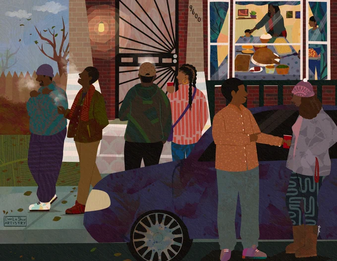 illustration of a group of cousins gathering in front of a brick home. They are standing on the sidewalk, talking, laughing, walking  and enjoying drinks and smoking away from the children and elders.Some are wearing jackets while others face the chilly evening. In the background, through a large window, two women, a mother and auntie, set up the table for thanksgiving dinner. A little boy is seen trying to sneak a piece of pie.