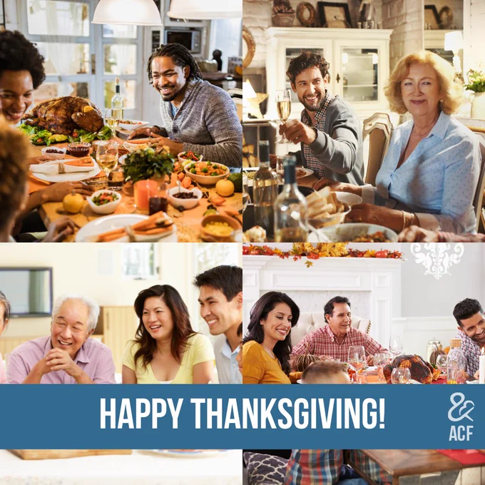 Collage of four images showing diverse groups of people enjoying a Thanksgiving meal, with a Happy Thanksgiving message from ACF.