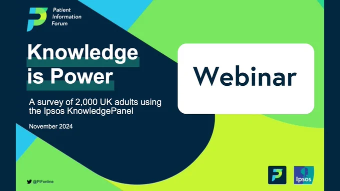 Thumbnail for the Knowledge is Power webinar on YouTube. A dark blue background features a close up of the PIF logo. Main text reads: Knowledge is Power. A survey of 2,000 UK adults using the Ipsos KnowledgePanel. November 2024. To the right is a white box with the word "webinar" inside. The PIF and Ipsos logos are at the bottom right of the screen.