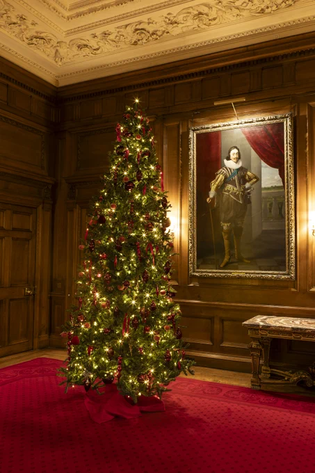 A decorated Christmas tree illuminated with string lights stands next to a large portrait in an ornate room with wooden paneling and a red carpet.