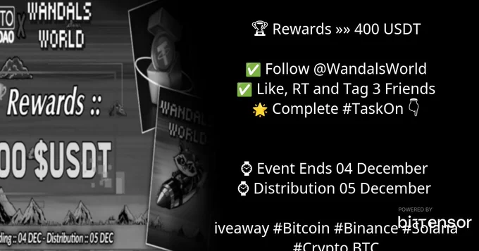 Illustration of @CryptoTechDAO's original tweet displaying their profile picture and the text: 🥳 Wandals World X Crypto Tech DAO #Airdrop

🏆 Rewards »» 400 $USDT
 
✅ Follow @WandalsWorld
✅ Like, RT and Tag 3 Friends
🌟 Complete #TaskOn 👇
rewards.taskon.xyz/quest/813178728

⌚ Event Ends 04 December 
⌚ Distribution 05 December 

#Giveaway #Bitcoin #Binance #Solana #Crypto $BTC