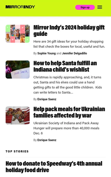 A screenshot of MirrorIndy.org shows headlines including "Help pack meals for Ukrainian families affected by war"