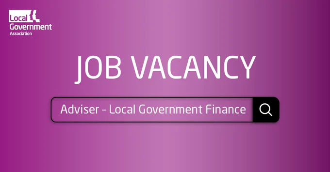 LGA logo on a purple background with white text that reads 'Job vacancy' The text 'Adviser - Local Government Finance' appears in a web search bar.