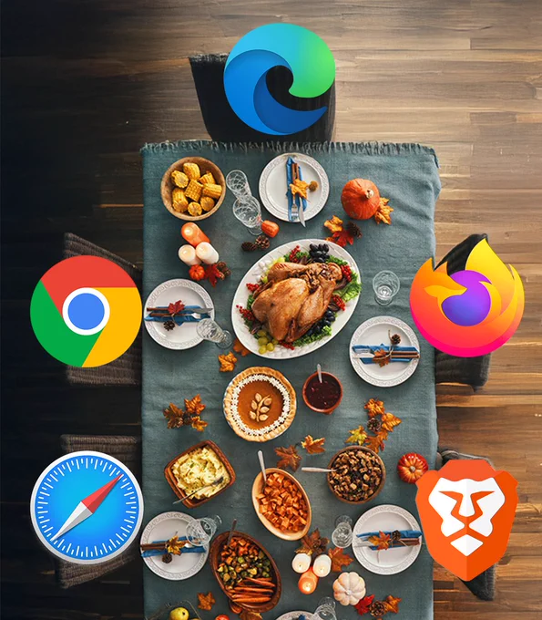 Browser logos, including Edge, Firefox, Brave, Safari, and Chrome sit together at a Thanksgiving dinner. 