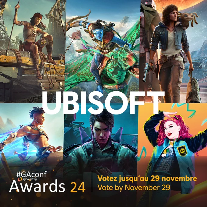 A grid of images of Skull & Bones, Avatar: Frontiers of Pandora, Star Wars Outlaws, Prince of Persia: The Lost Crown, Rainbox Six Siege and Just Dance 2025.
Text in image: Ubisoft. GAConf Awards 24 | Vote by November 29