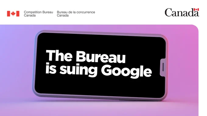 Pink and purple background, image of a smartphone, text: The Bureau is suing Google