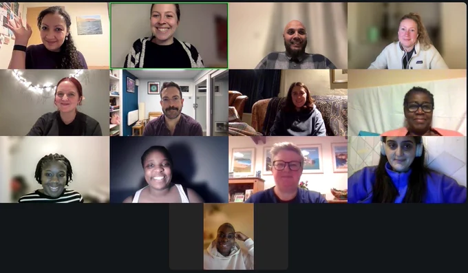 Screenshot of everyone smiling (and some waving) at the camera on the Zoom call for the online social.