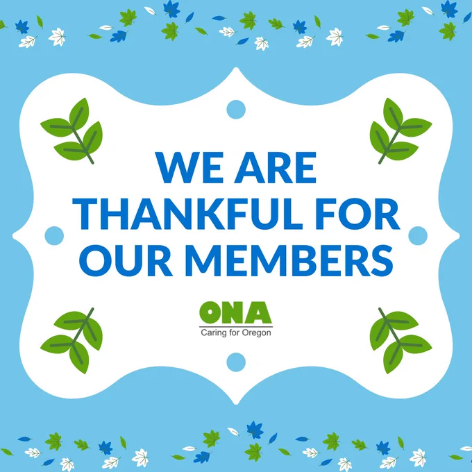 We are thankful for our members! ONA logo, fall leaves in ONA blues and greens