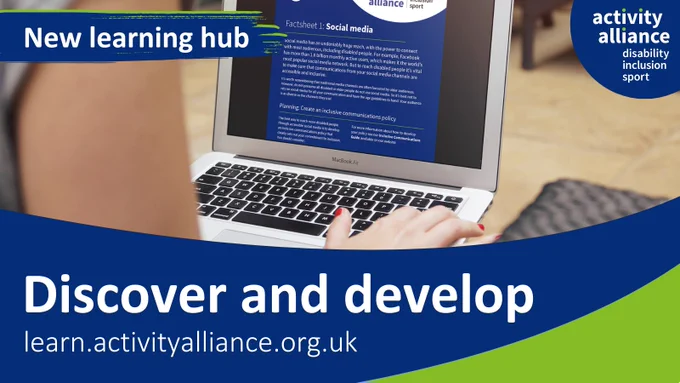 Photo shows a close up of a person typing on a laptop. Words surrounding the image say: New Learning Hub. Discover and develop.