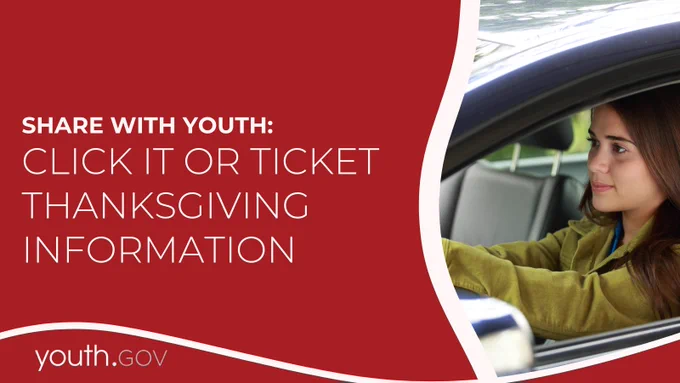 A teen driver in a car. Text reads: Share with youth: Click it or Ticket Thanksgiving Information.