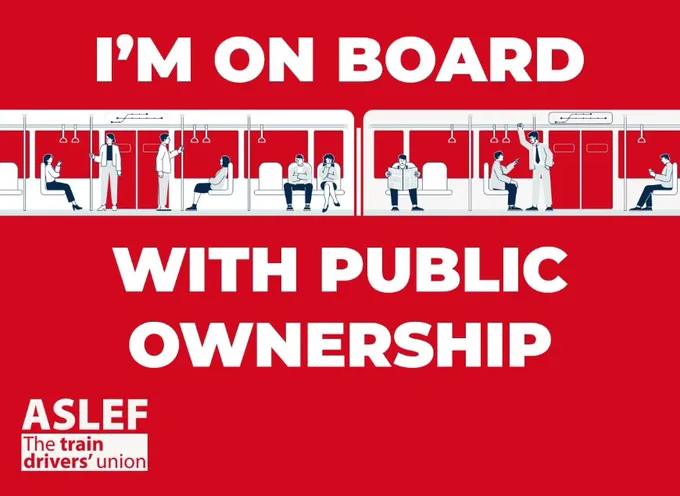 Red graphic which reads "I'm on board with public ownership" in white text with a drawing of people on board a train. 