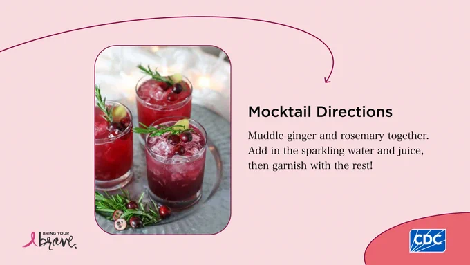 Mocktail Directions: Muddle ginger and rosemary together. Add sparkling water and juice, then garnish with the rest! 